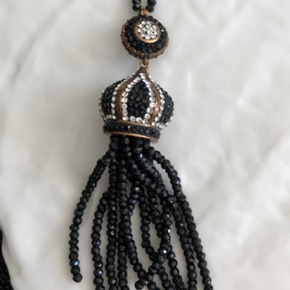 Black Spinel Necklace w Spinel and Crystal Tassel